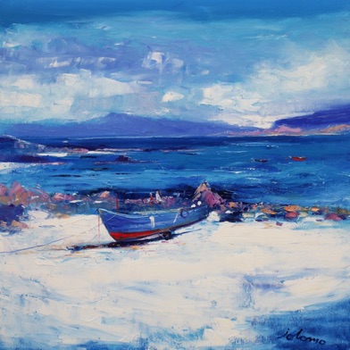 The blue boat at St Ronan's Beach Iona 24x24
